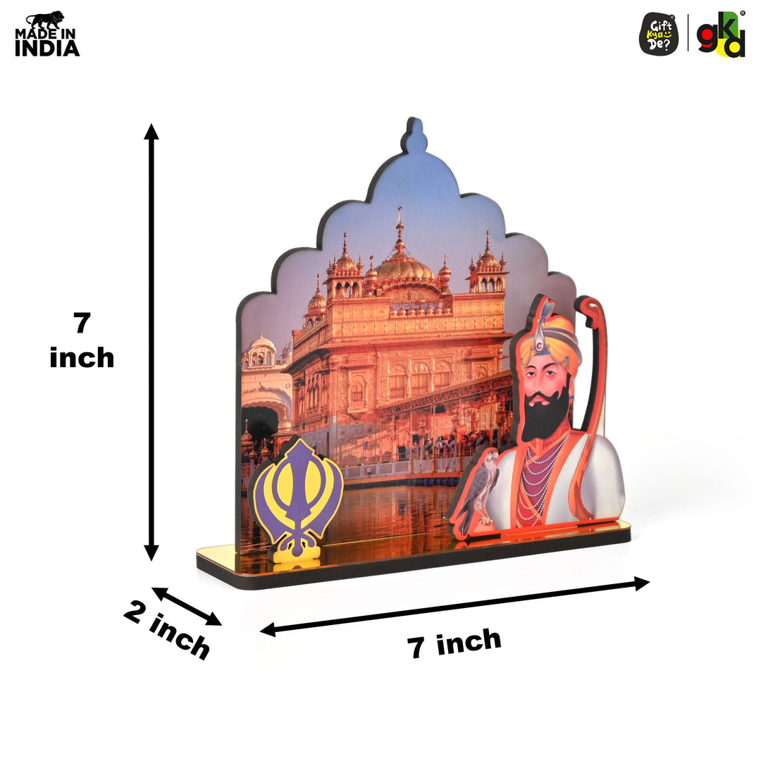 Gift Kya De Guru Nanak Dev Ji & Guru Gobind Singh Ji Wooden Table Top Idols with Golden Temple Background | Spiritual Decor for Home & Office | Sikh Religious Gift