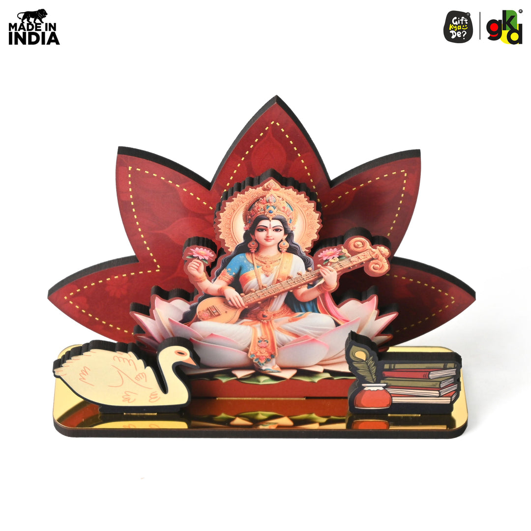 Gift Kya De Saraswati Maa Wooden Table Top | Desk Decor for Wisdom & Knowledge | Gift for Students & Professionals