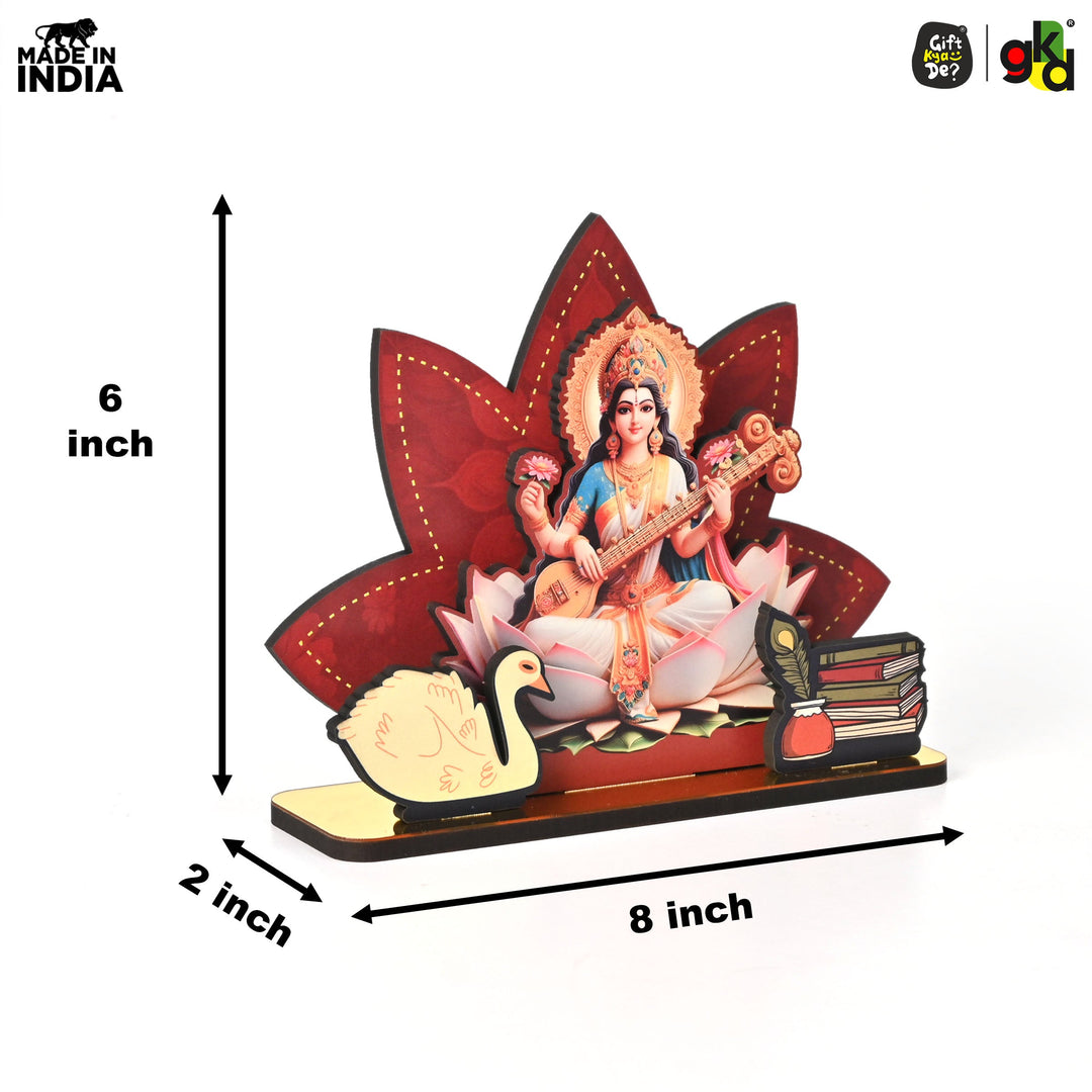 Gift Kya De Saraswati Maa Wooden Table Top | Desk Decor for Wisdom & Knowledge | Gift for Students & Professionals