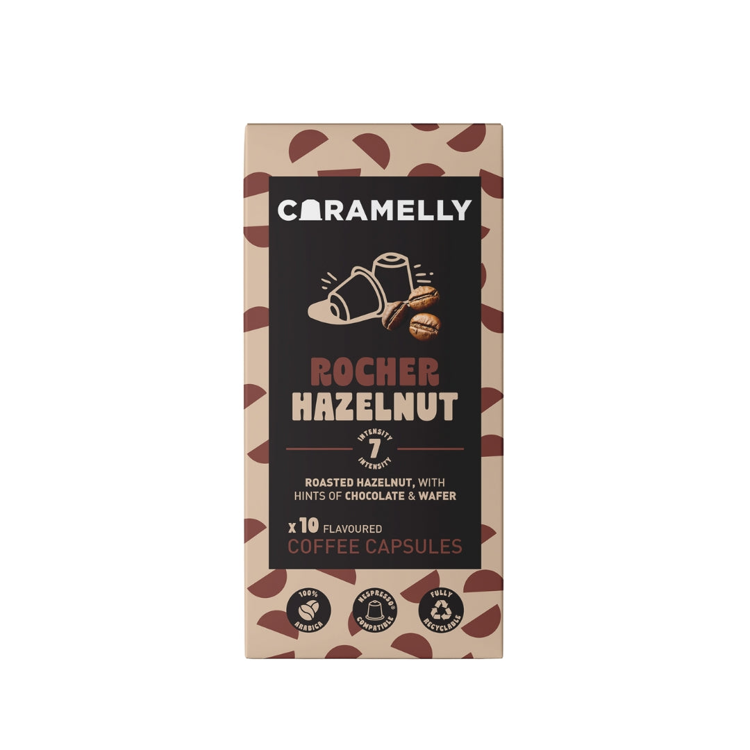 Caramelly Rocher Hazelnut Flavoured Nespresso Compatible Coffee Capsules, 10 Pods, Intensity - 8 | Nespresso Compatible Pods Coffee Pods | No Added Sugar | 100% Arabica Coffee