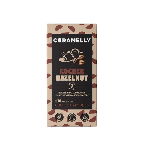 Caramelly Rocher Hazelnut Flavoured Nespresso Compatible Coffee Capsules, 10 Pods, Intensity - 8 | Nespresso Compatible Pods Coffee Pods | No Added Sugar | 100% Arabica Coffee
