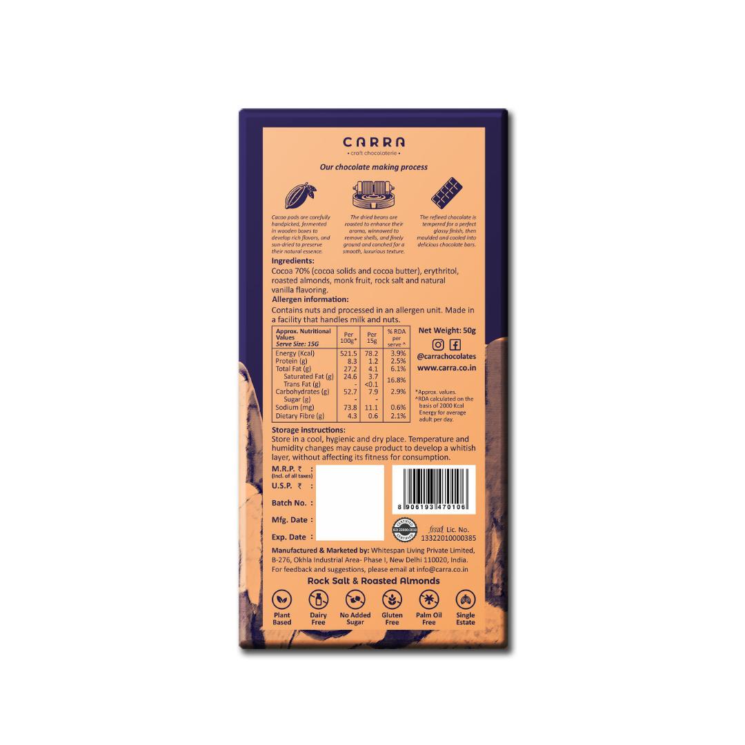 CARRA Sugar Free Chocolate Bars - Rock Salt & Roasted Almonds in 70% Dark Chocolate (Pack of 3 )