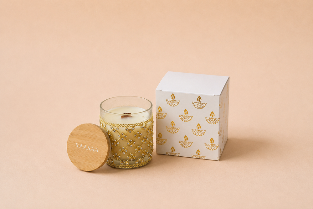 Raasaa Saanjh – Sandalwood & White Musk Luxury Scented Candle | 160g | 30–35 Hours Burn Time