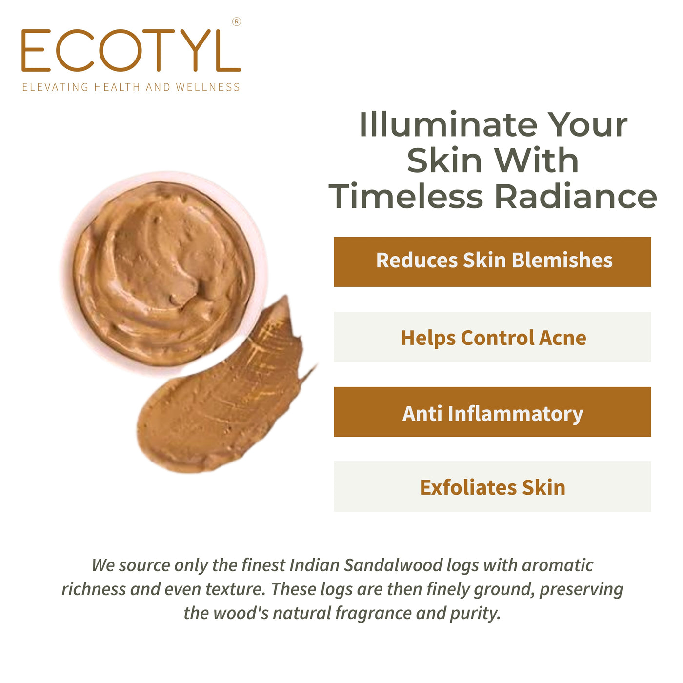 Ecotyl Pure Sandalwood Powder | Face Pack for Skin Brightening & Pore Cleansing | 100g