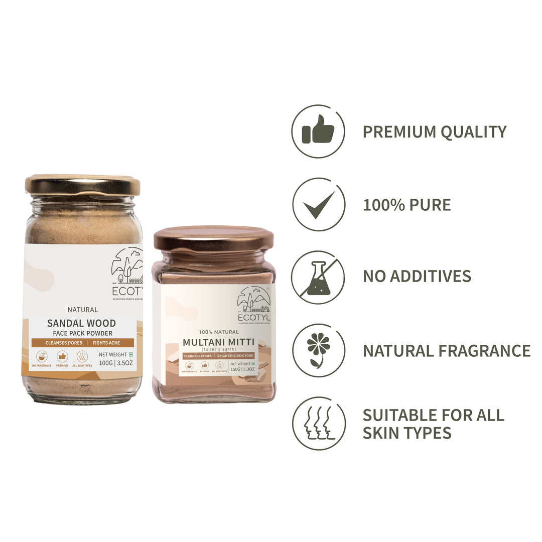 Ecotyl Face Pack Combo - Sandalwood Powder and Multani Mitti | Duo for Skin Brightening and Glow | 100g + 150g