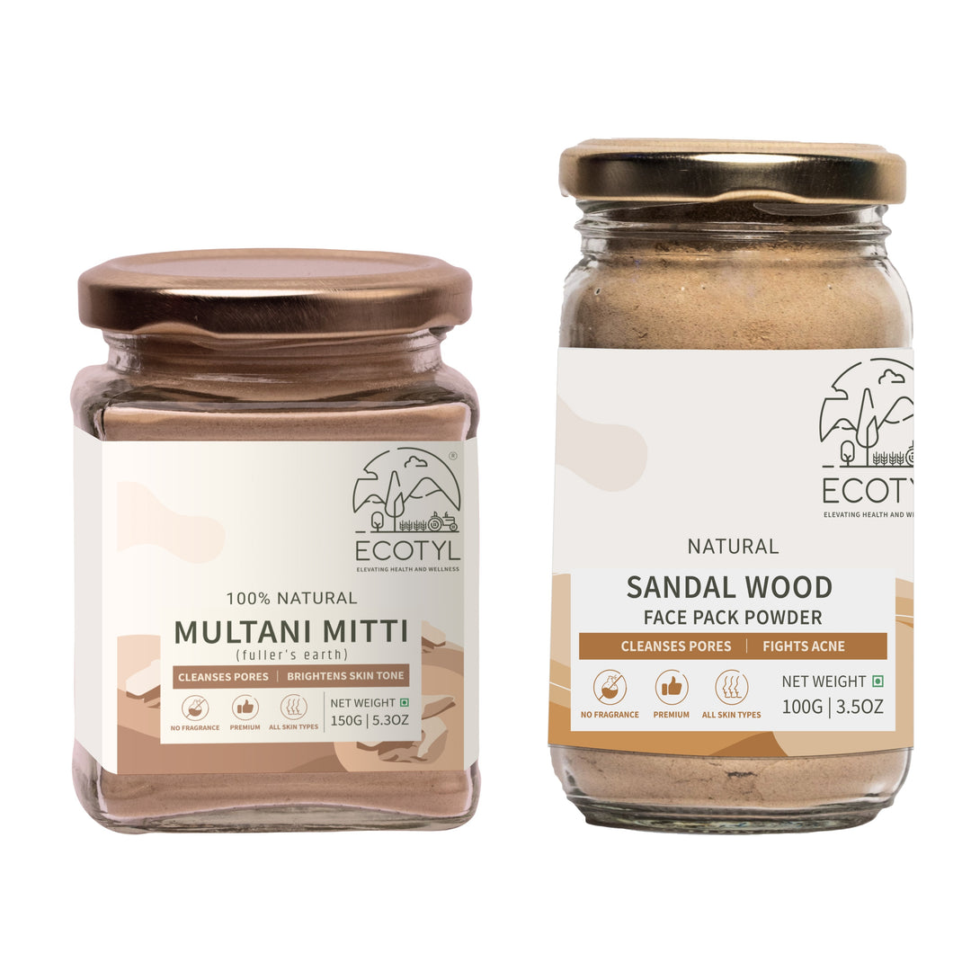 Ecotyl Face Pack Combo - Sandalwood Powder and Multani Mitti | Duo for Skin Brightening and Glow | 100g + 150g