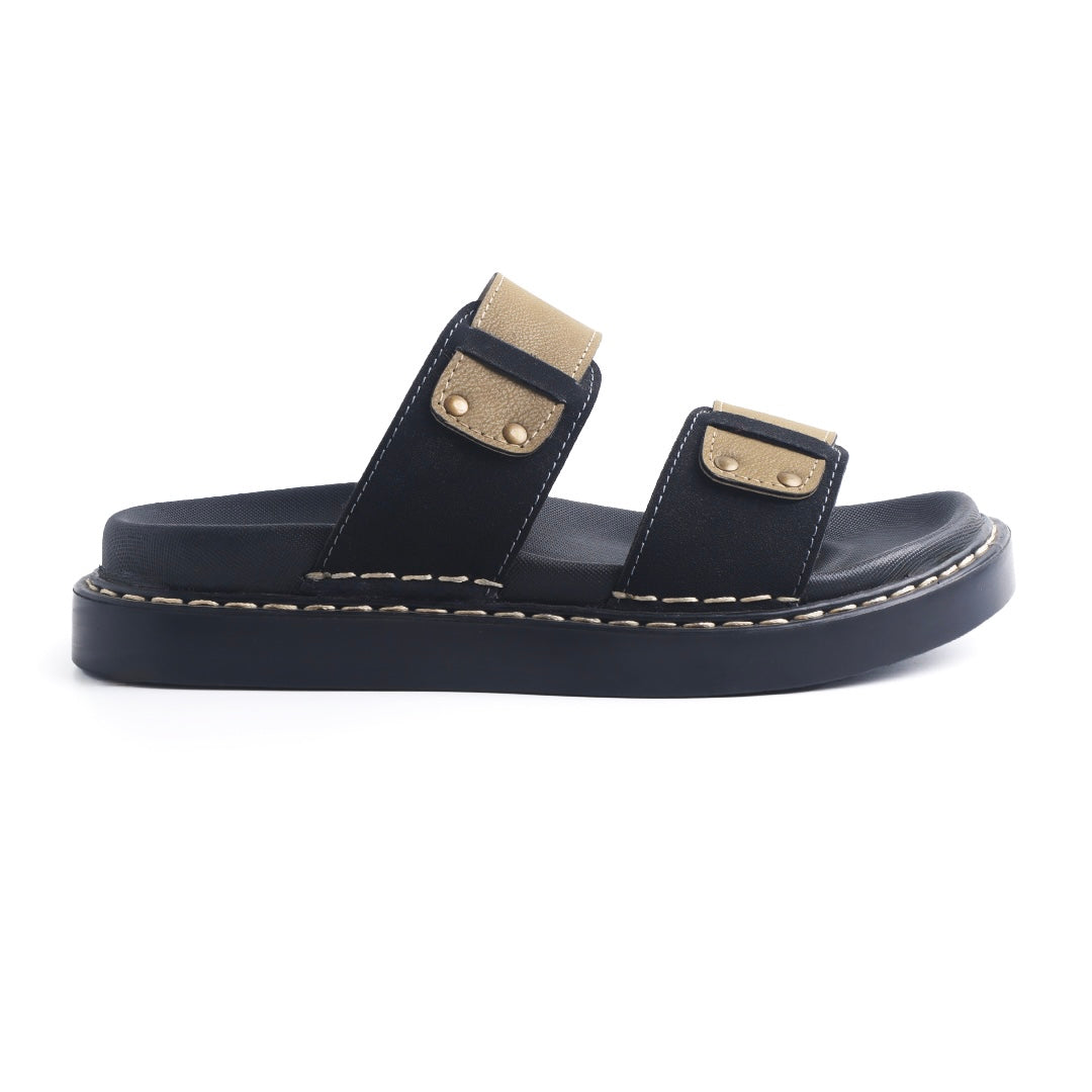 Monkstory Cosmopolitan Double Strap Chunky Slides – Black & Sage