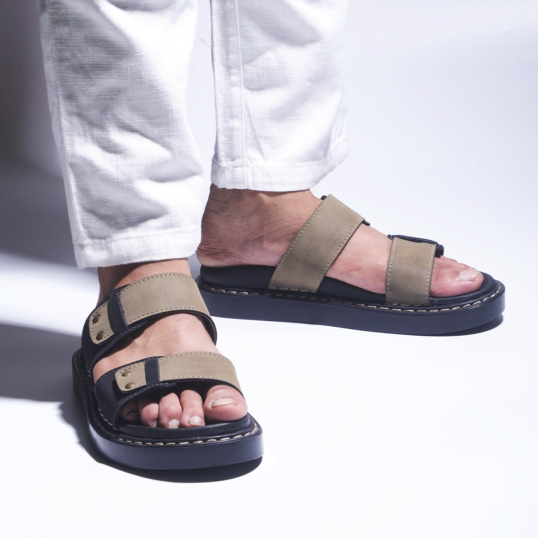 Monkstory Cosmopolitan Double Strap Chunky Slides – Black & Sage