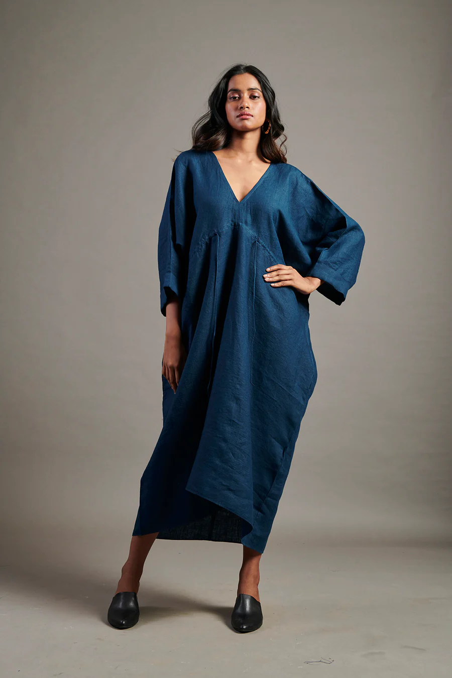 Indigo Linen Gathered Kaftan Dress