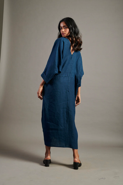 Indigo Linen Gathered Kaftan Dress