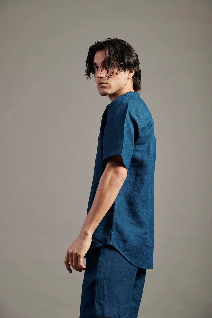 Linen Half Sleeves Band Collar Shirt