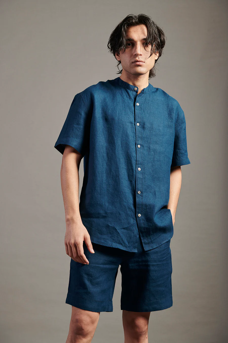 Linen Half Sleeves Band Collar Shirt