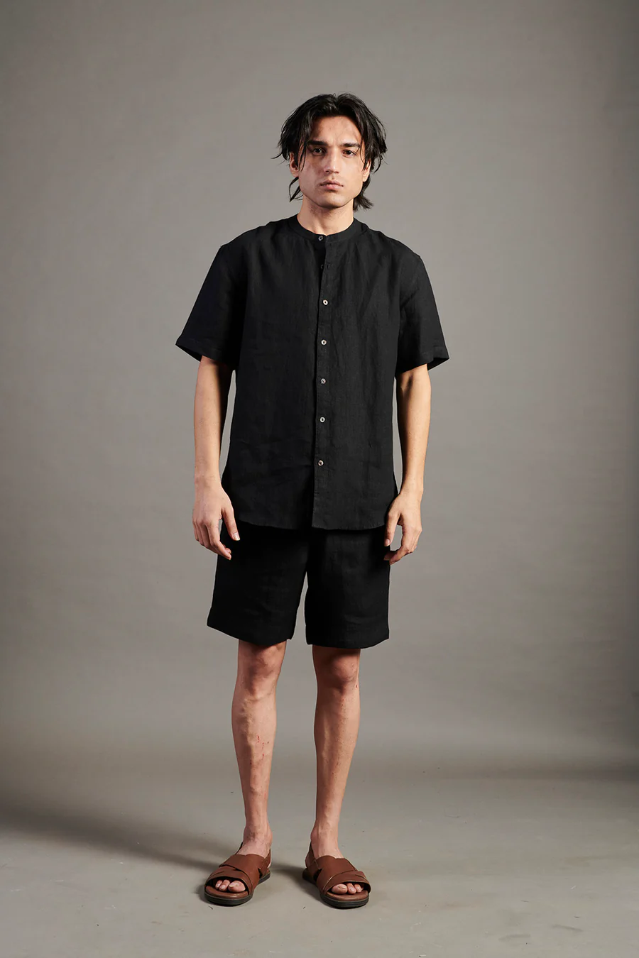 Linen Half Sleeves Band Collar Shirt