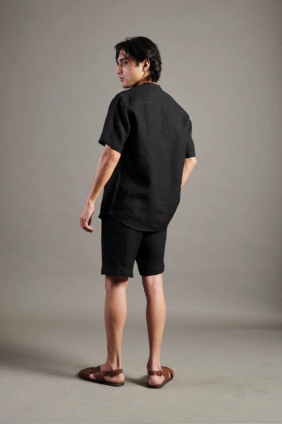 Linen Half Sleeves Band Collar Shirt