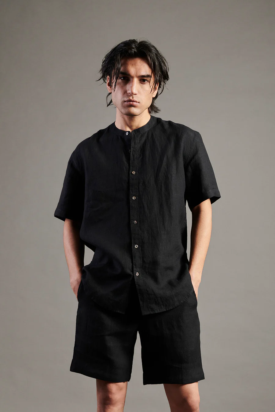 Linen Half Sleeves Band Collar Shirt