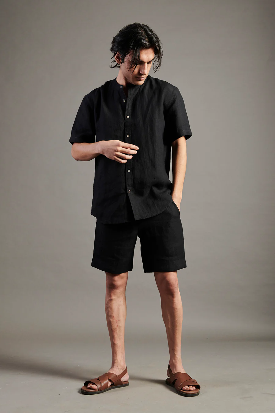 Linen Half Sleeves Band Collar Shirt