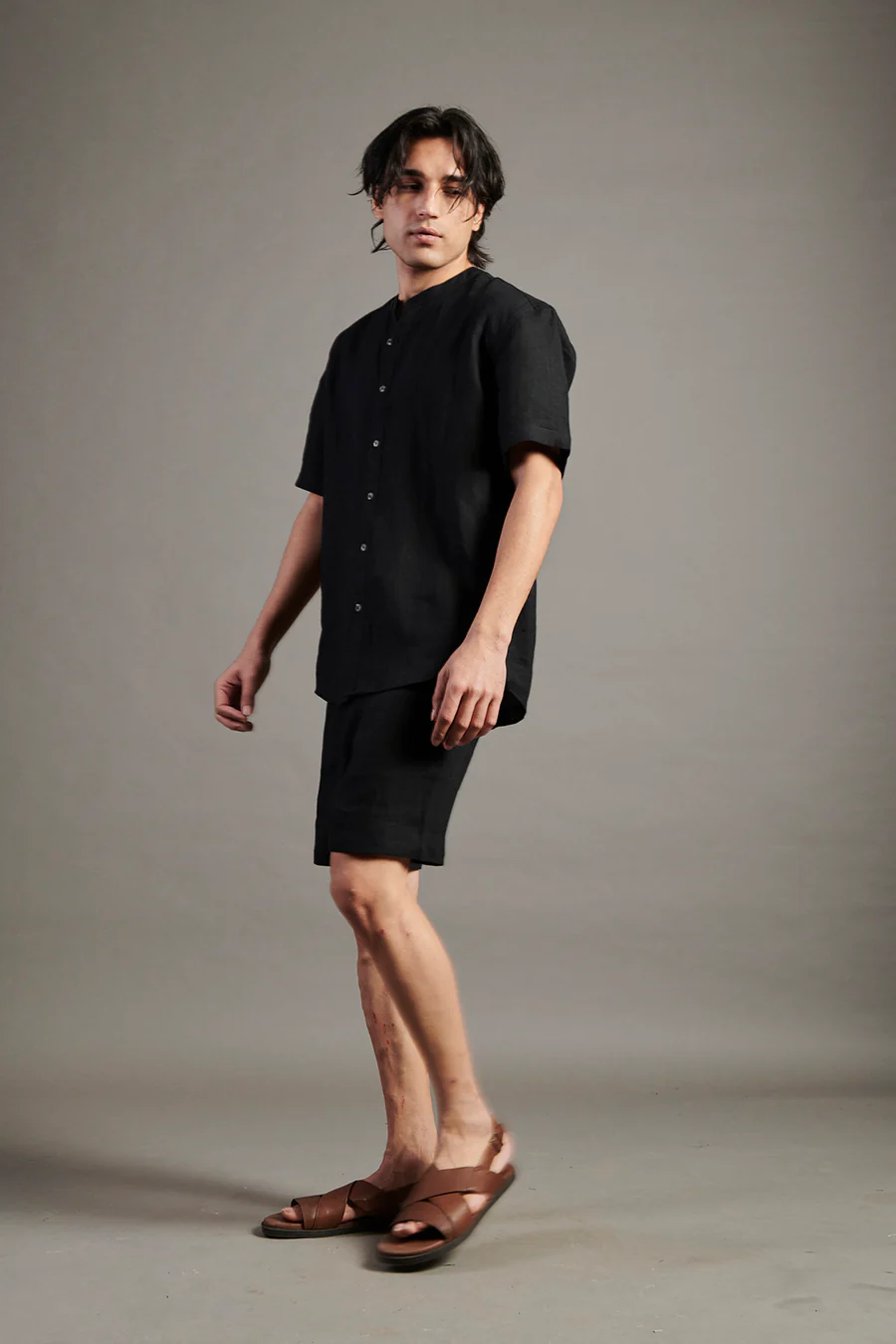 Linen Half Sleeves Band Collar Shirt