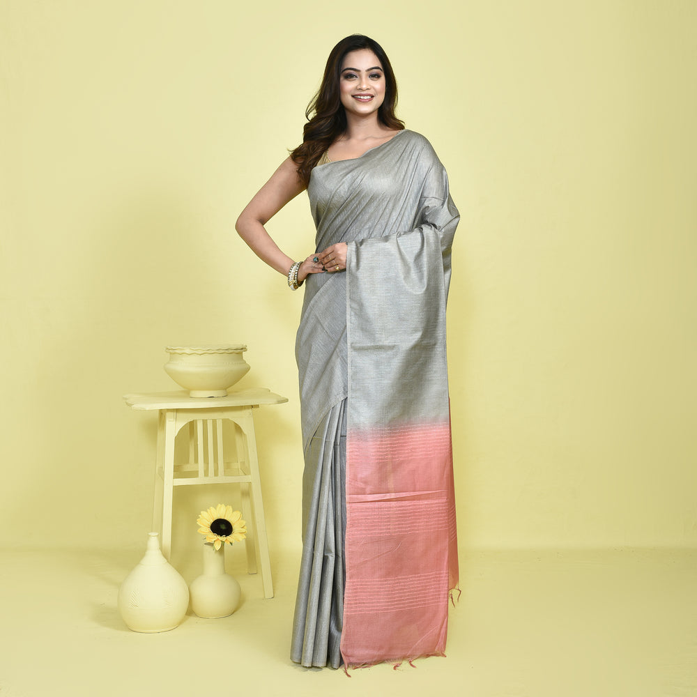 Stotra Grey & Pink Pure Linen Saree with Textured Body and Sequin Work