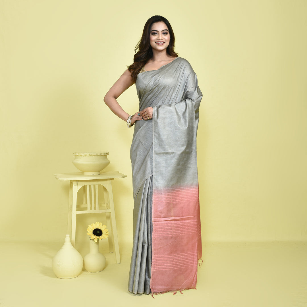 Stotra Grey & Pink Pure Linen Saree with Textured Body and Sequin Work