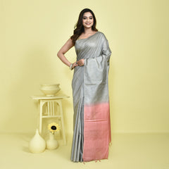 Stotra Grey & Pink Pure Linen Saree with Textured Body and Sequin Work