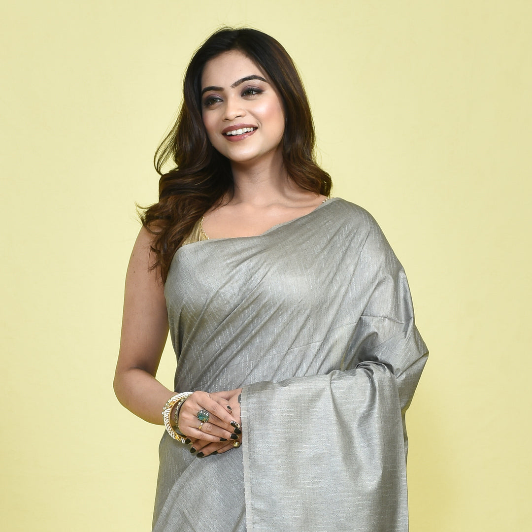 Stotra Grey & Pink Pure Linen Saree with Textured Body and Sequin Work