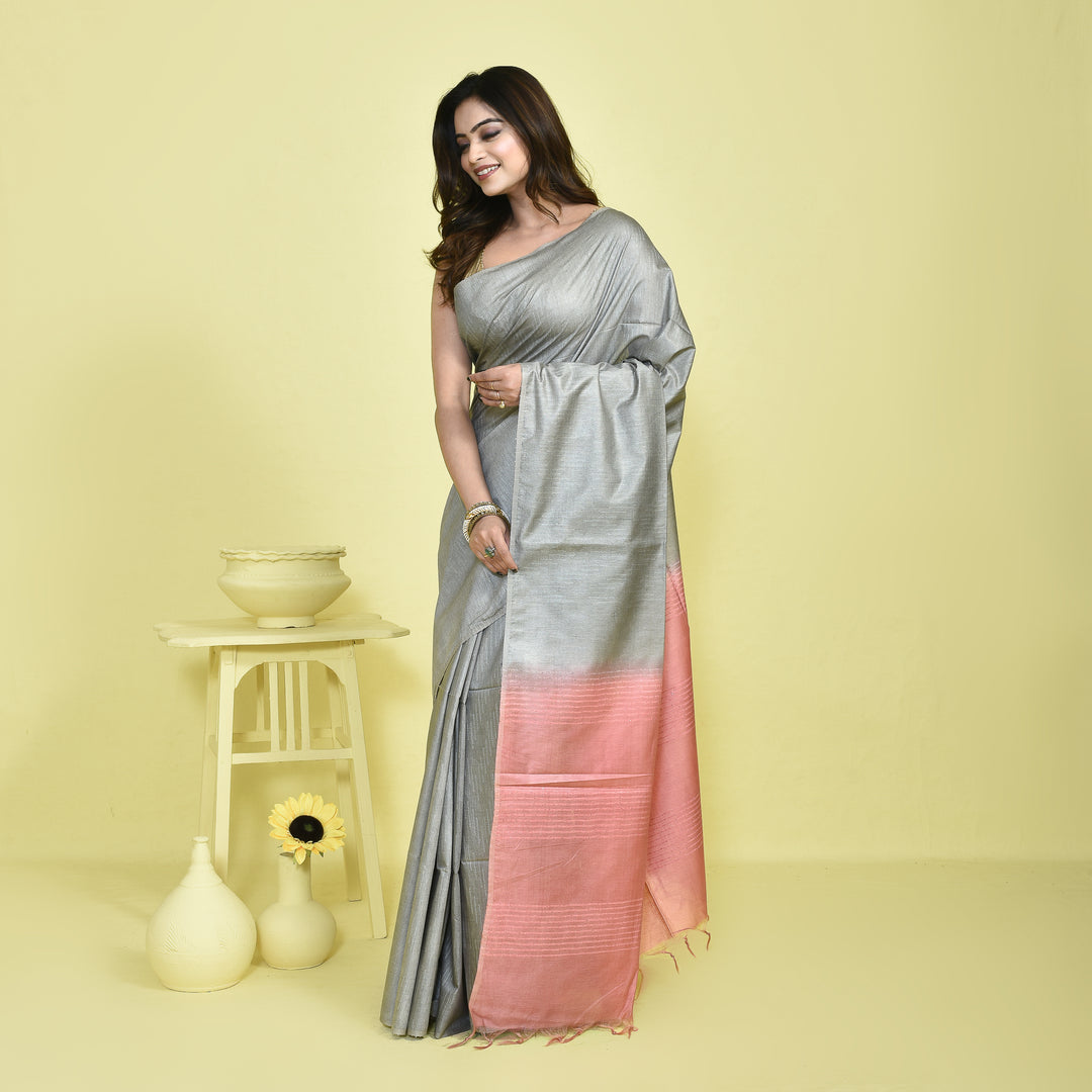 Stotra Grey & Pink Pure Linen Saree with Textured Body and Sequin Work