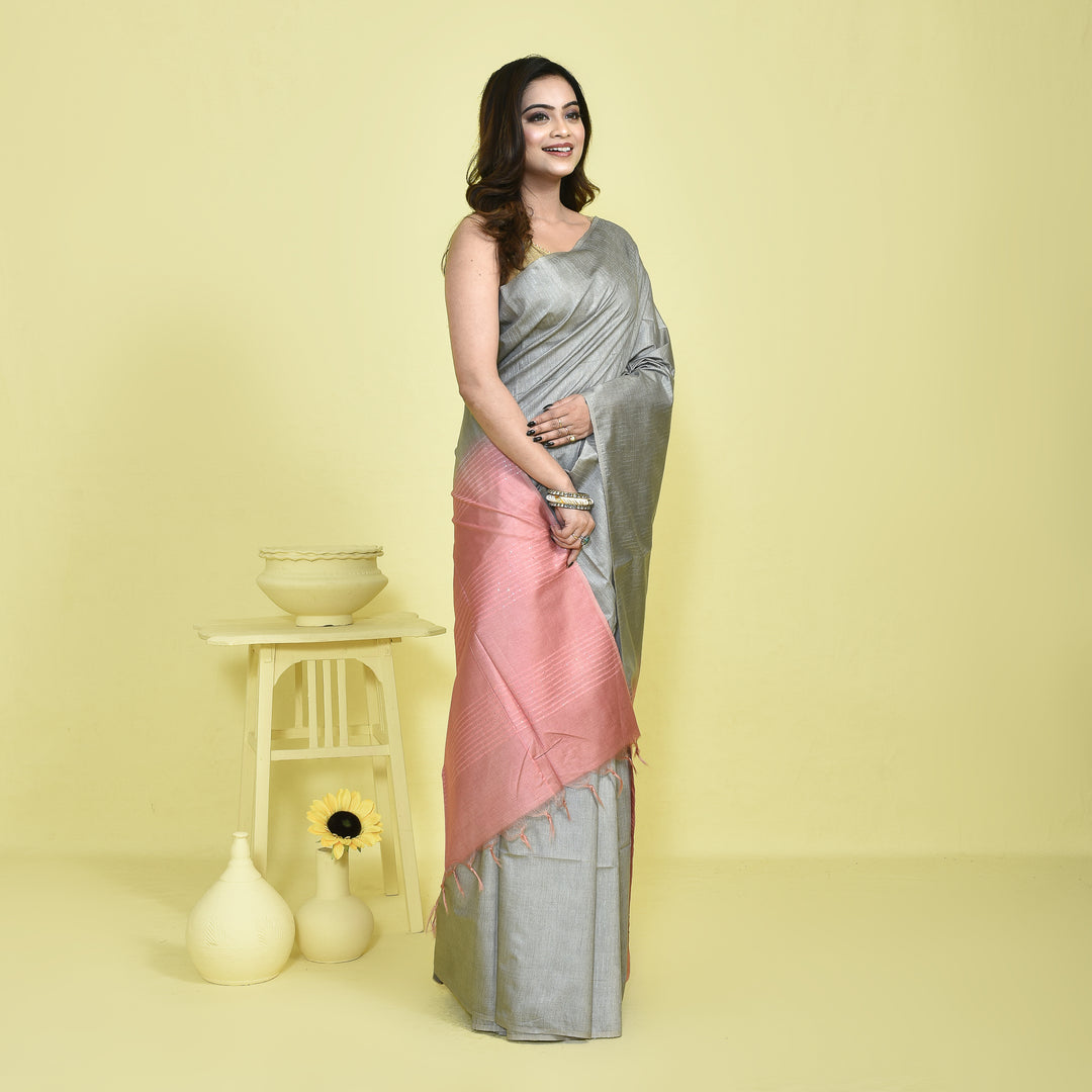 Stotra Grey & Pink Pure Linen Saree with Textured Body and Sequin Work