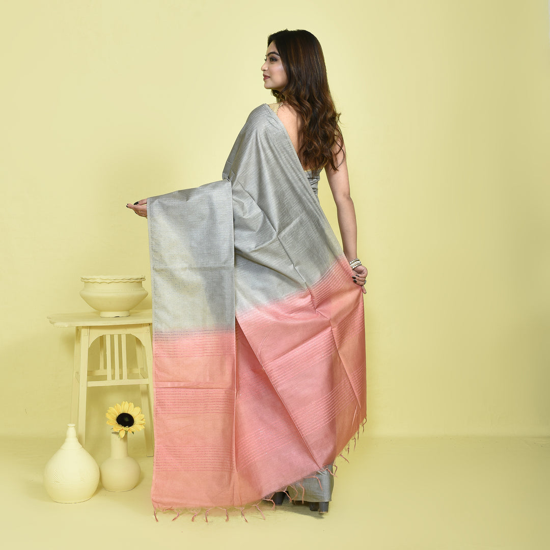 Stotra Grey & Pink Pure Linen Saree with Textured Body and Sequin Work