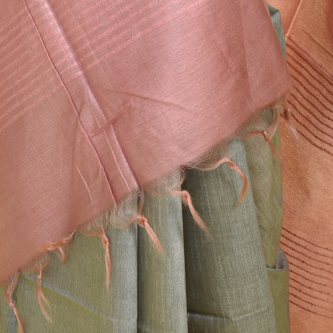 Stotra Grey & Pink Pure Linen Saree with Textured Body and Sequin Work