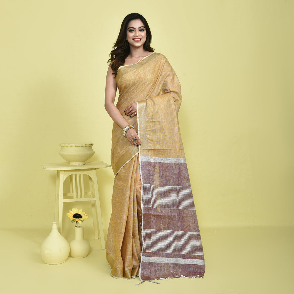 Stotra Beige & Maroon Pure Linen Saree