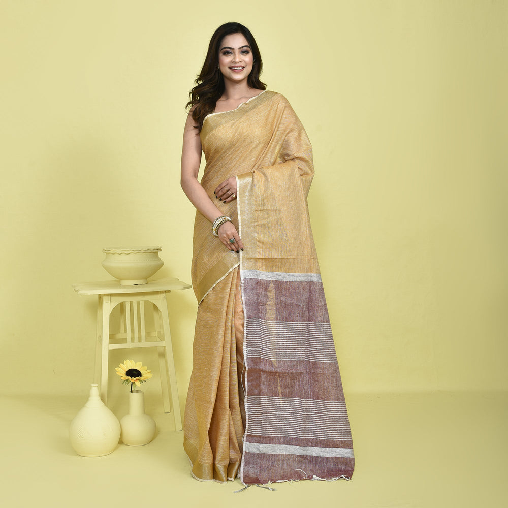 Stotra Beige & Maroon Pure Linen Saree