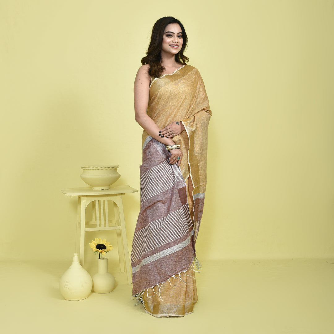 Stotra Beige & Maroon Pure Linen Saree