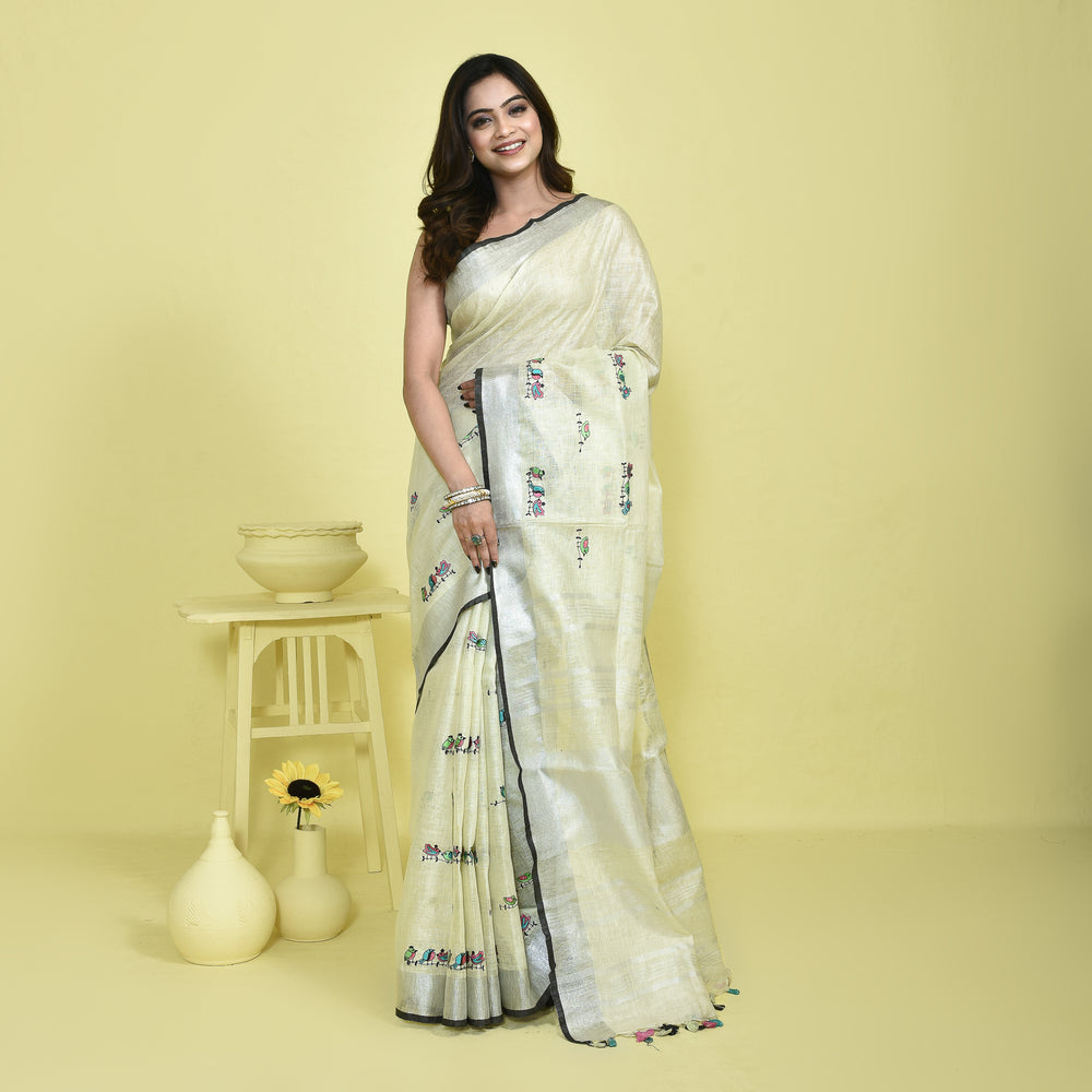 Stotra Cream Pure Linen Saree with Bird Embroidery and Silver Zari Border