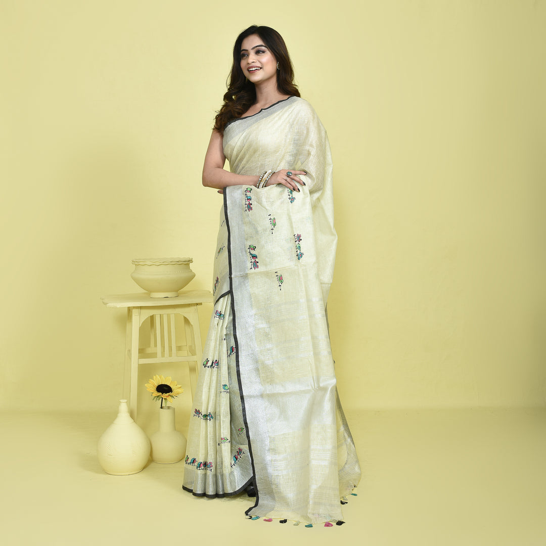 Stotra Cream Pure Linen Saree with Bird Embroidery and Silver Zari Border