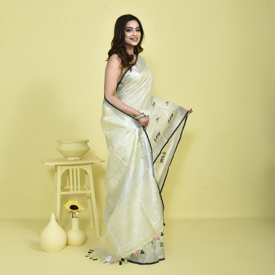 Stotra Cream Pure Linen Saree with Bird Embroidery and Silver Zari Border