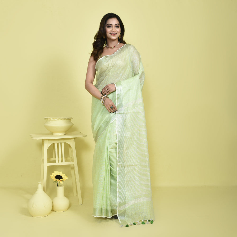 Stotra Light Green Pure Linen Saree with Silver Zari Border