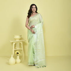 Stotra Light Green Pure Linen Saree with Silver Zari Border