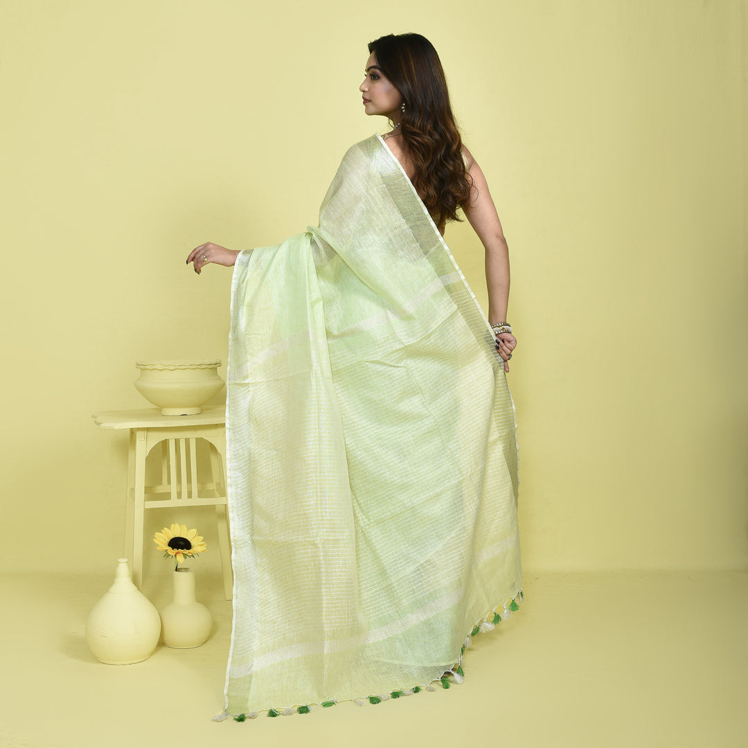 Stotra Light Green Pure Linen Saree with Silver Zari Border
