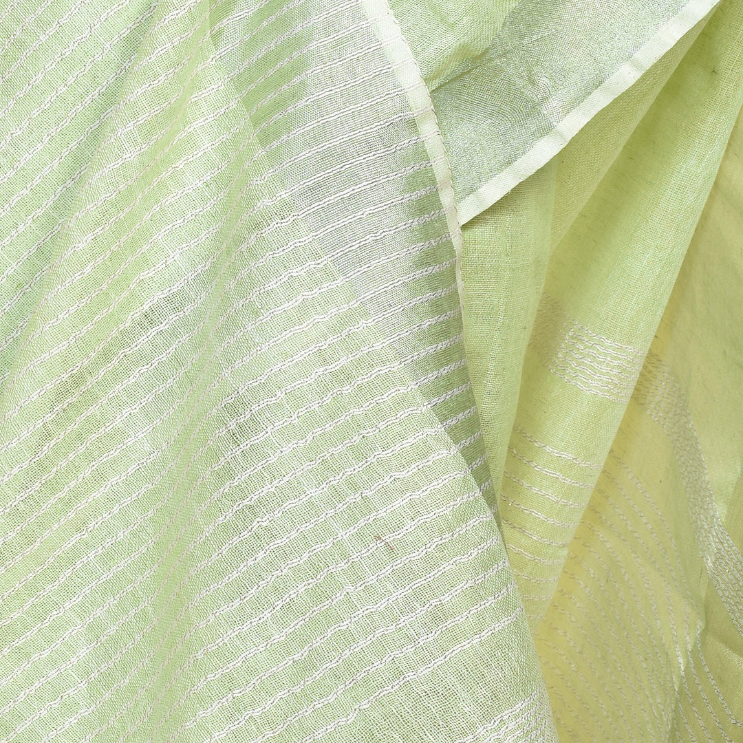 Stotra Light Green Pure Linen Saree with Silver Zari Border