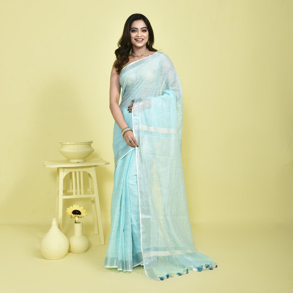 Stotra Sky Blue Pure Linen Saree with Silver Zari Border