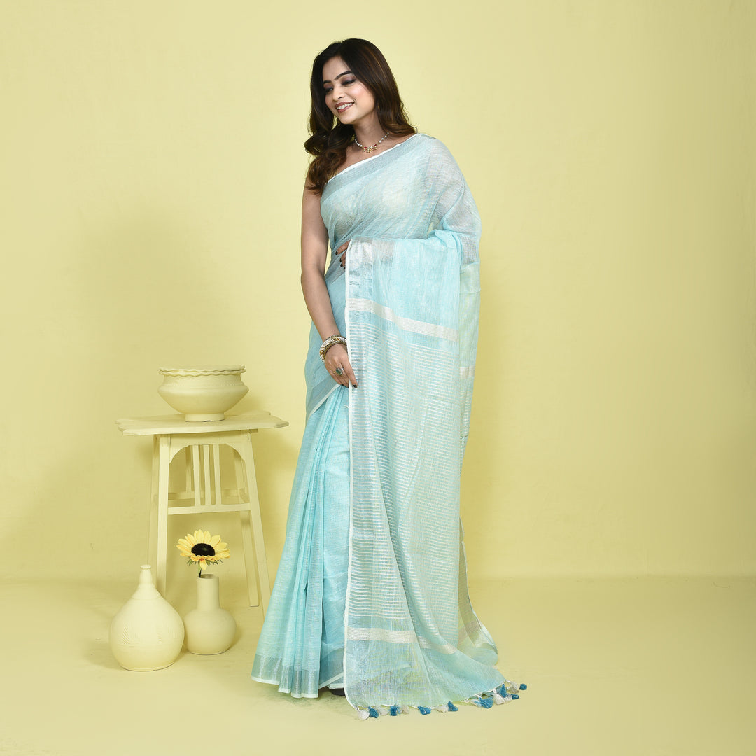 Stotra Sky Blue Pure Linen Saree with Silver Zari Border