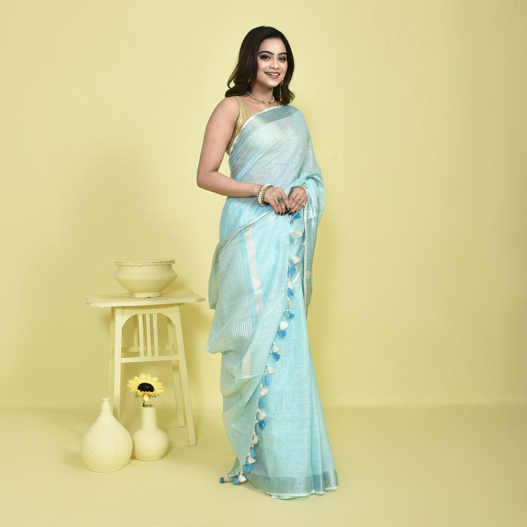 Stotra Sky Blue Pure Linen Saree with Silver Zari Border