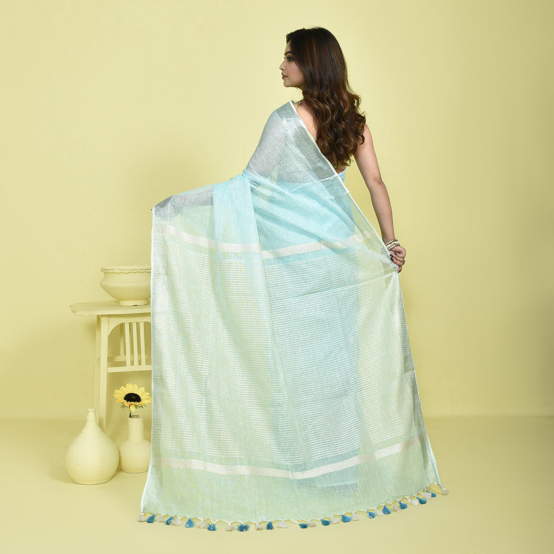 Stotra Sky Blue Pure Linen Saree with Silver Zari Border