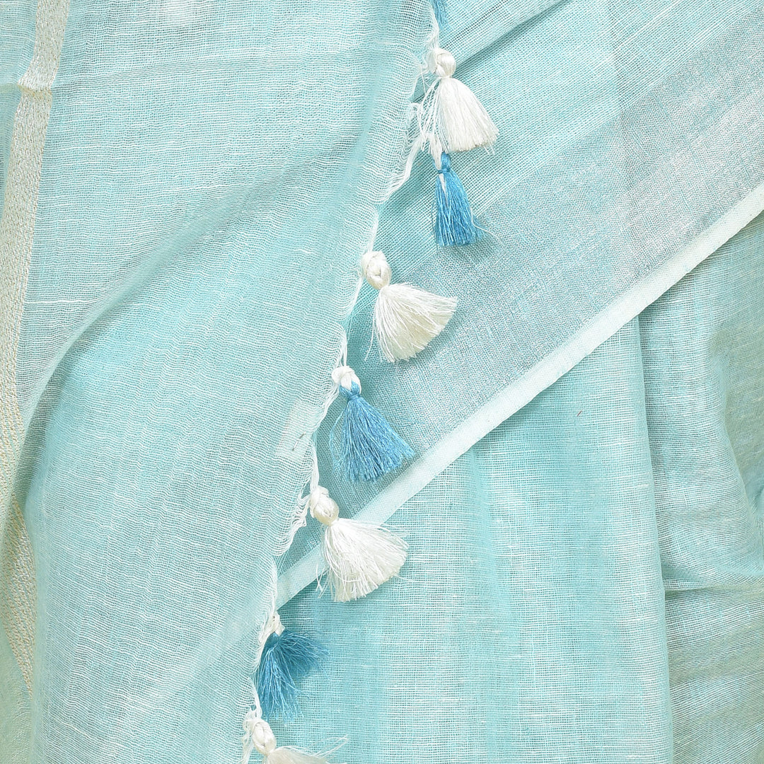 Stotra Sky Blue Pure Linen Saree with Silver Zari Border