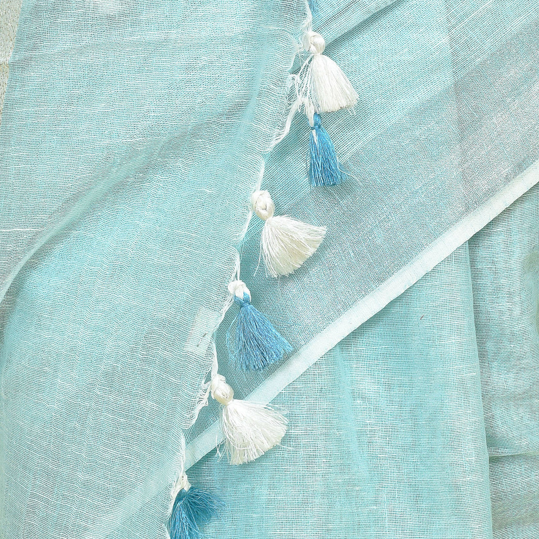 Stotra Sky Blue Pure Linen Saree with Silver Zari Border