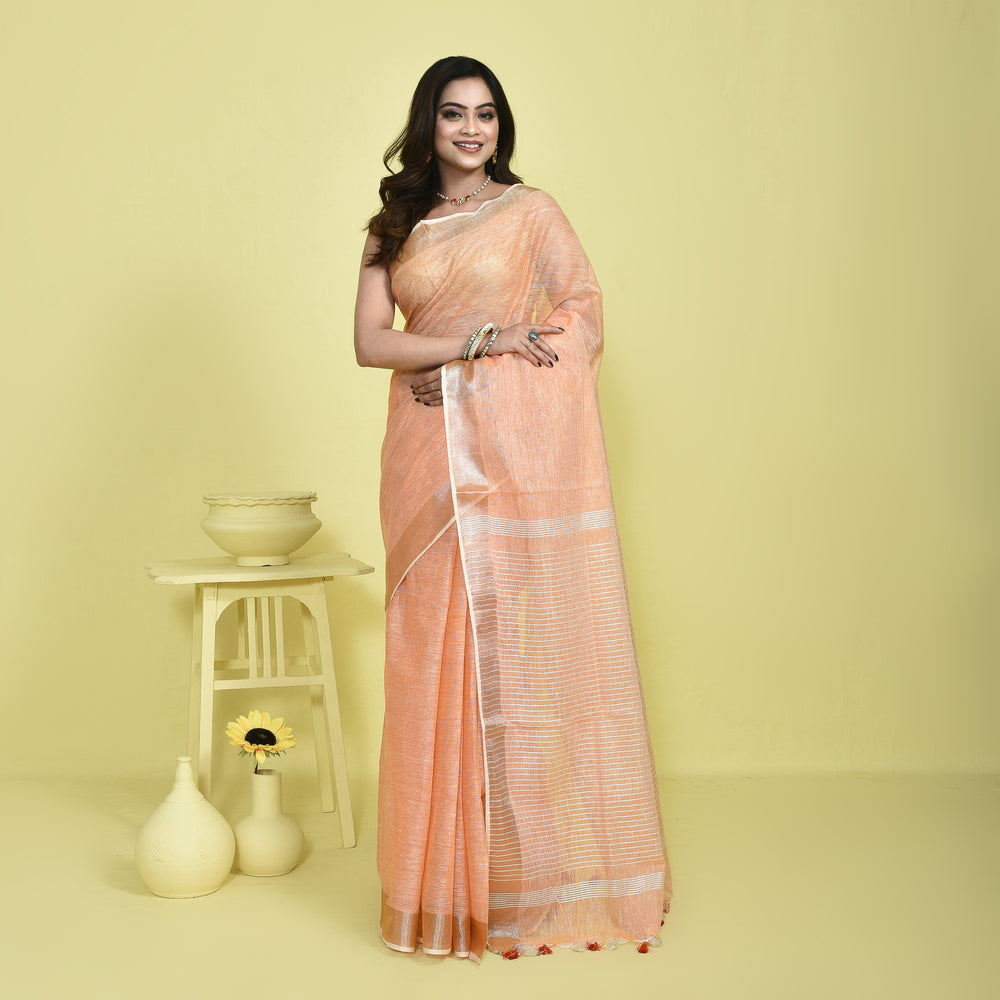 Stotra Peach Pure Linen Saree with Metallic Zari Border