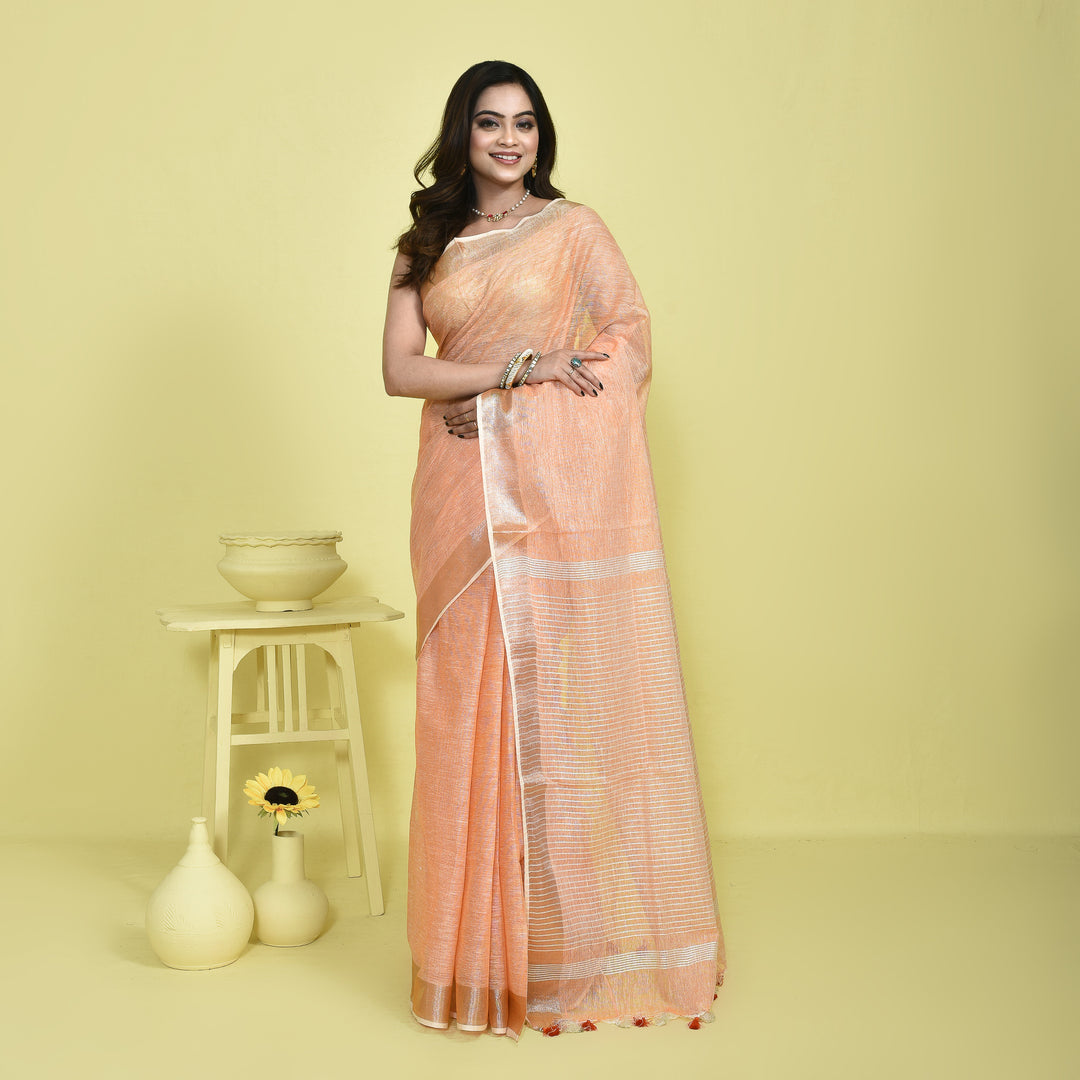 Stotra Peach Pure Linen Saree with Metallic Zari Border