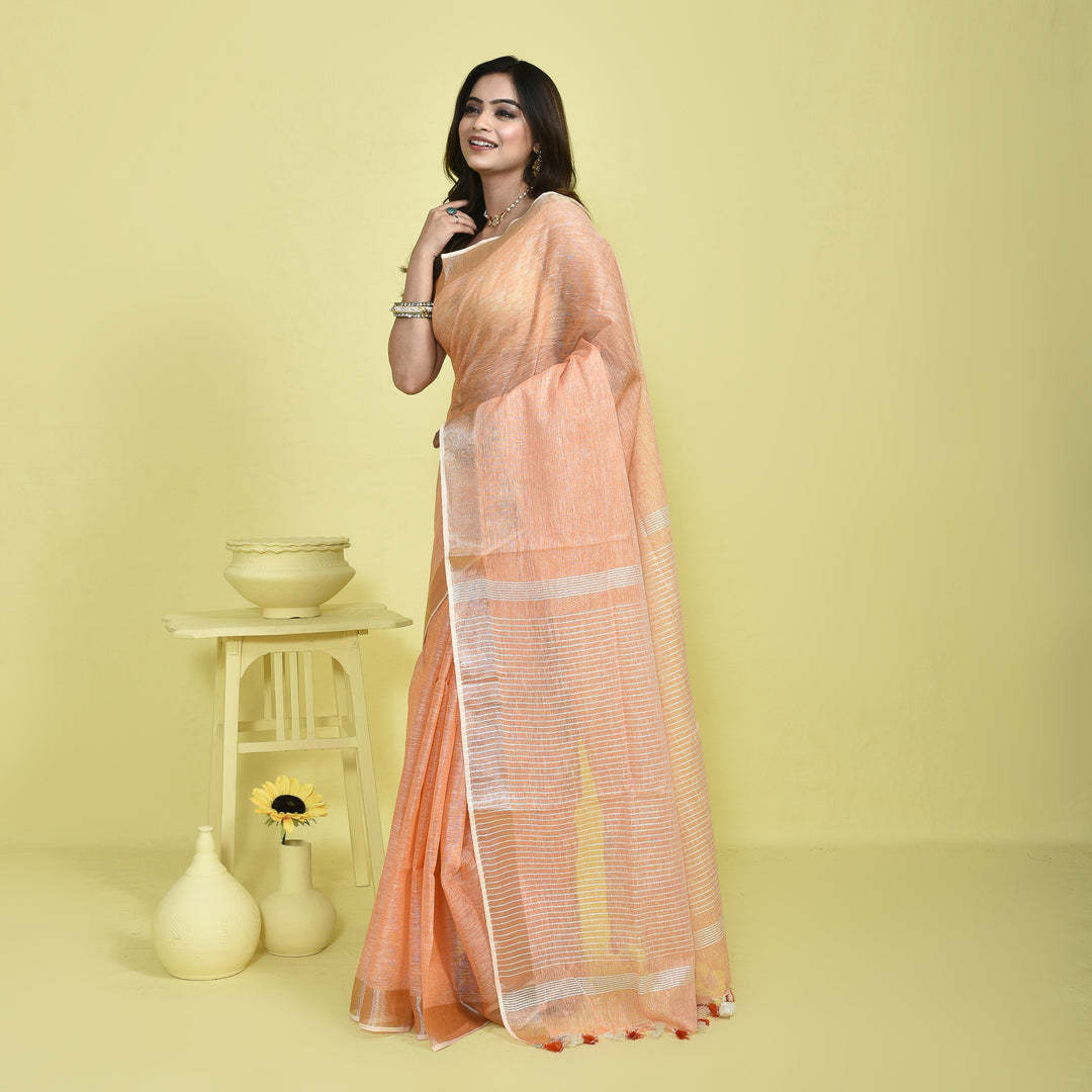Stotra Peach Pure Linen Saree with Metallic Zari Border