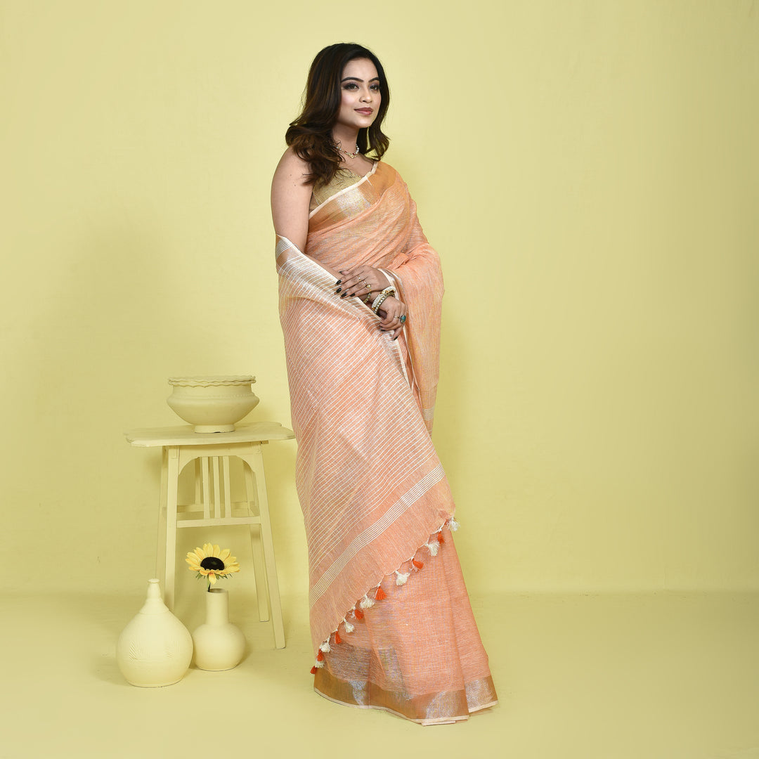 Stotra Peach Pure Linen Saree with Metallic Zari Border