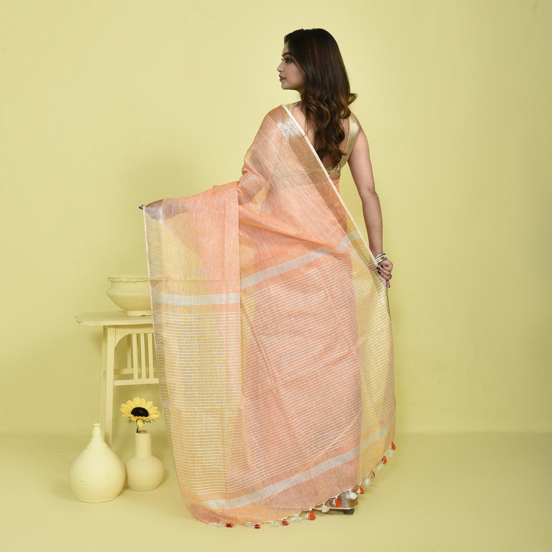 Stotra Peach Pure Linen Saree with Metallic Zari Border